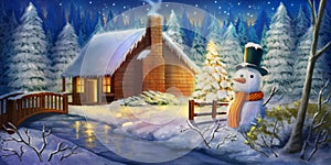 Christmas Night Winter Warm Cabin. Snow land. Fantasy Backdrop