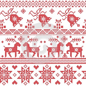 Christmas Nordic cross stitch pattern including reindeer, snowflake, star, Xmas tree, bell, presents in red