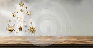 Christmas object decoration into xmas tree shape on wall with sunlight shadow on wall over wood table at home.banner mockup space
