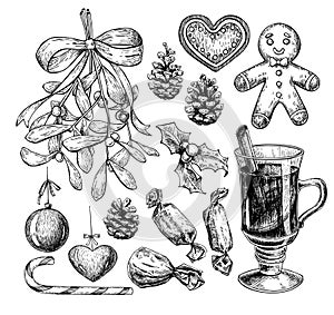 Christmas object set. Hand drawn vector illustration. Xmas icons