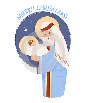 Christmas. old man Saint Joseph the Betrothed with baby Jesus Christ. Holy Forefather. Vector illustration in cartoon