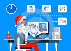Christmas online order concept vector. Man in red hat make purchase in online store. Gift voucher in internet. Xmas sale shopping