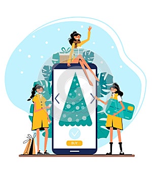 Christmas online shop - modern flat vector illustration concept of women shopping.