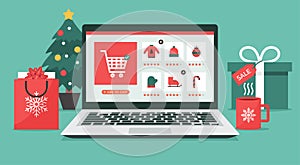 Christmas online shopping concept on laptop screen with gift boxes, shopping bags