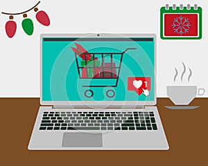 Christmas online shopping. Flat cartoon vector illustration with laptop screen, winter holidays sales