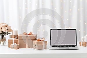 Christmas online shopping at home. Blank laptop and gifts boxes on white table, cozy festive atmosphere