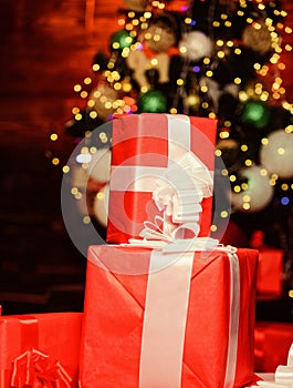 Christmas online shopping. present boxes at christmas tree. happy new year. celebrate xmas at home. winter holiday