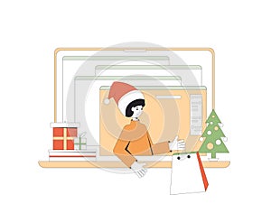 Christmas online shopping. Stay home at winter holiday and buy gifts on internet. Sharing virtual present on the internet. Xmas