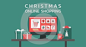 Christmas online shopping or winter holiday sale concept on a computer with text
