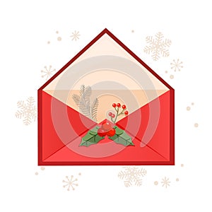 Christmas open envelope design with berries and snowflakes around