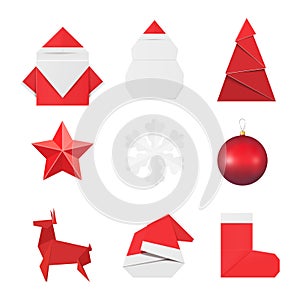 Christmas origami ornaments and decorations: paper Santa Claus and snowman, fir, star, snowflake, glass ball toy, deer red hat and