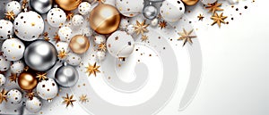 Christmas ornament banner with gold stars and baubles on a white background