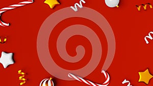 Christmas ornament candy cane balls shiny ribbon 3D animation loop red Winter decoration flat lay motion screen saver 4K