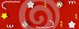 Christmas ornament candy cane balls shiny ribbons 3D rendering header banner. Festive Xmas seasonal decoration flat lay.