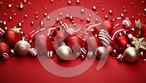 Christmas ornament decorating a red background, vibrant colors bring joy generated by AI