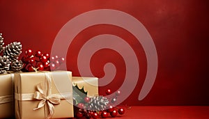 Christmas ornament decoration on red background with snow and gift box generated by AI