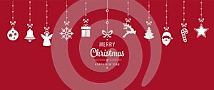 Christmas ornament elements hanging red background