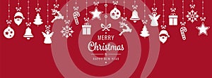 Christmas ornament elements hanging red background