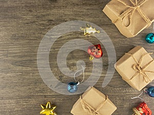 Christmas ornament flat lay on wooden background