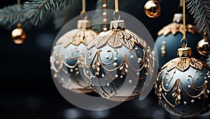 Christmas ornament hanging on tree, gold decoration brings winter joy generated by AI