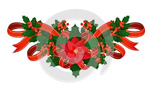 Christmas ornament. Holly border with decoration of red satin ribbons, poinsettia flower, berries isolated on white
