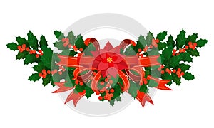 Christmas ornament. Holly border with decoration of red satin ribbons, poinsettia flower, berries isolated on white