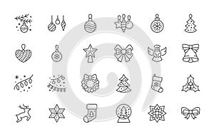 Christmas ornament line icon set. Xmas tree decoration, mistletoe, ball, wreath, angel, star minimal vector illustration