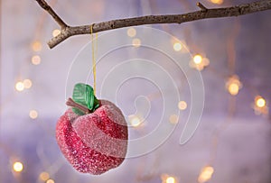 Christmas ornament red sugar coated candy apple hanging on dry tree branch. Shining garland golden lights. Beautiful background