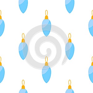 Christmas Ornament Seamless Pattern with Light Blue Baubles in Shape of Pine Cone for Winter Holiday Design. Bright Repeat Bauble