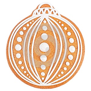 Christmas ornament shaped gingerbread cookie decorated with white icing isolated on white background.