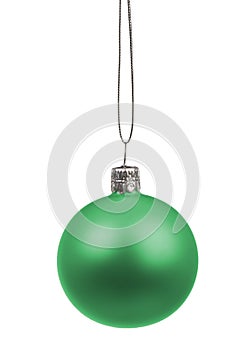 Single green christmas ball hanging isolated on white background