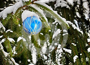 Christmas ornament on snow-covered branch