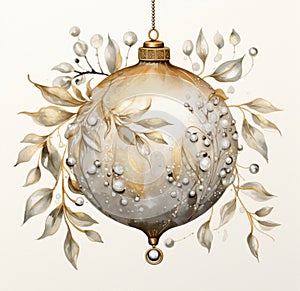 Christmas Ornament With White Flowers and Green Leaves