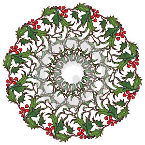 Christmas ornamental circular frame. Holly and fir branches with leafs berries and cones. Christmas greeting card