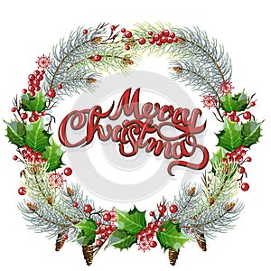 Christmas ornamental circular frame. Holly and fir branches with leafs berries and cones. Christmas greeting card