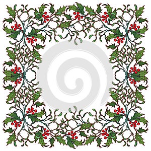 Christmas ornamental frame. Holly branches with leafs and berries. Christmas greeting card template