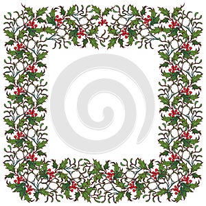 Christmas ornamental frame. Holly branches with leafs and berries. Christmas greeting card template