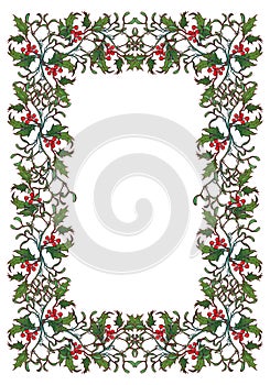 Christmas ornamental frame. Holly branches with leafs and berries. Christmas greeting card template