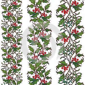 Christmas ornamental seamless borders. Holly and mistletoe branches with leafs and berries. Winter botanical design.