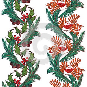 Christmas ornamental seamless borders. Holly and mistletoe branches with leafs and berries. Winter botanical design.