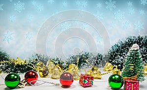 Christmas ornaments background whit snowflakes in blue ,green, red and golden bells