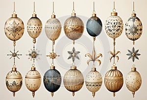 Christmas ornaments on beije background top view. Winter holiday xmas theme