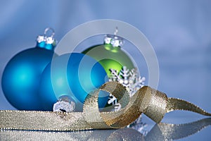 Christmas ornaments on blue cloth background