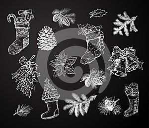 Christmas ornaments, decorations chalk sketch isolated icons