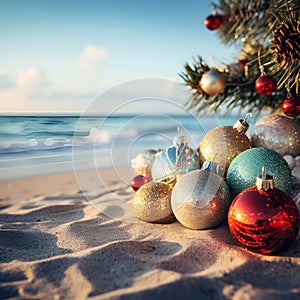 Christmas ornaments and decorations in the sand on the beach on a bright sunny day. Happy New Year and Merry Christmas holidays