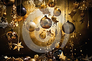 christmas ornaments on a gold background. Generative AI