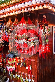 Christmas Ornaments hang from a market stall