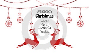 Christmas ornaments hanging with reindeer and ribbon isolated background. Merry Christmas and happy new year