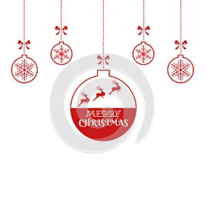 Christmas ornaments hanging with reindeer and ribbon isolated background. Merry Christmas and happy new year.