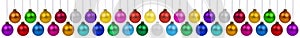 Christmas ornaments many balls collection of baubles decoration banner hanging isolated on white